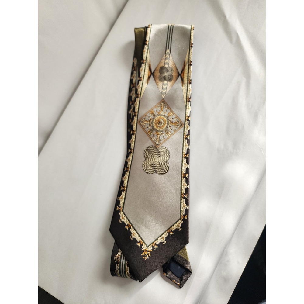 Empire High Fashion Mens Tie Silver Olive Green Geometric Baroque Medallion Silk
